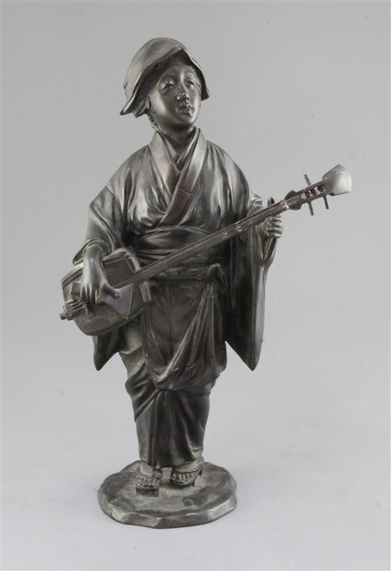 A Japanese bronze figure of a lady playing a shamisen, 19th century, 37.5cm